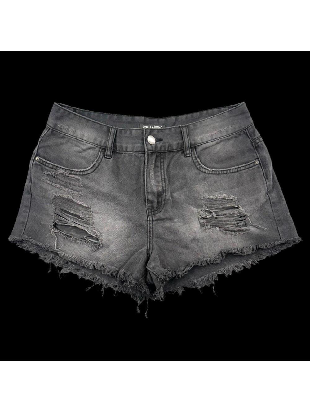 Billabong Distressed Black Denim Shorts Y2K Skater Streetwear Raw Hem